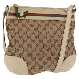 Authentic GUCCI GG Canvas Web Sherry Line Shoulder Bag Beige Gold 257065